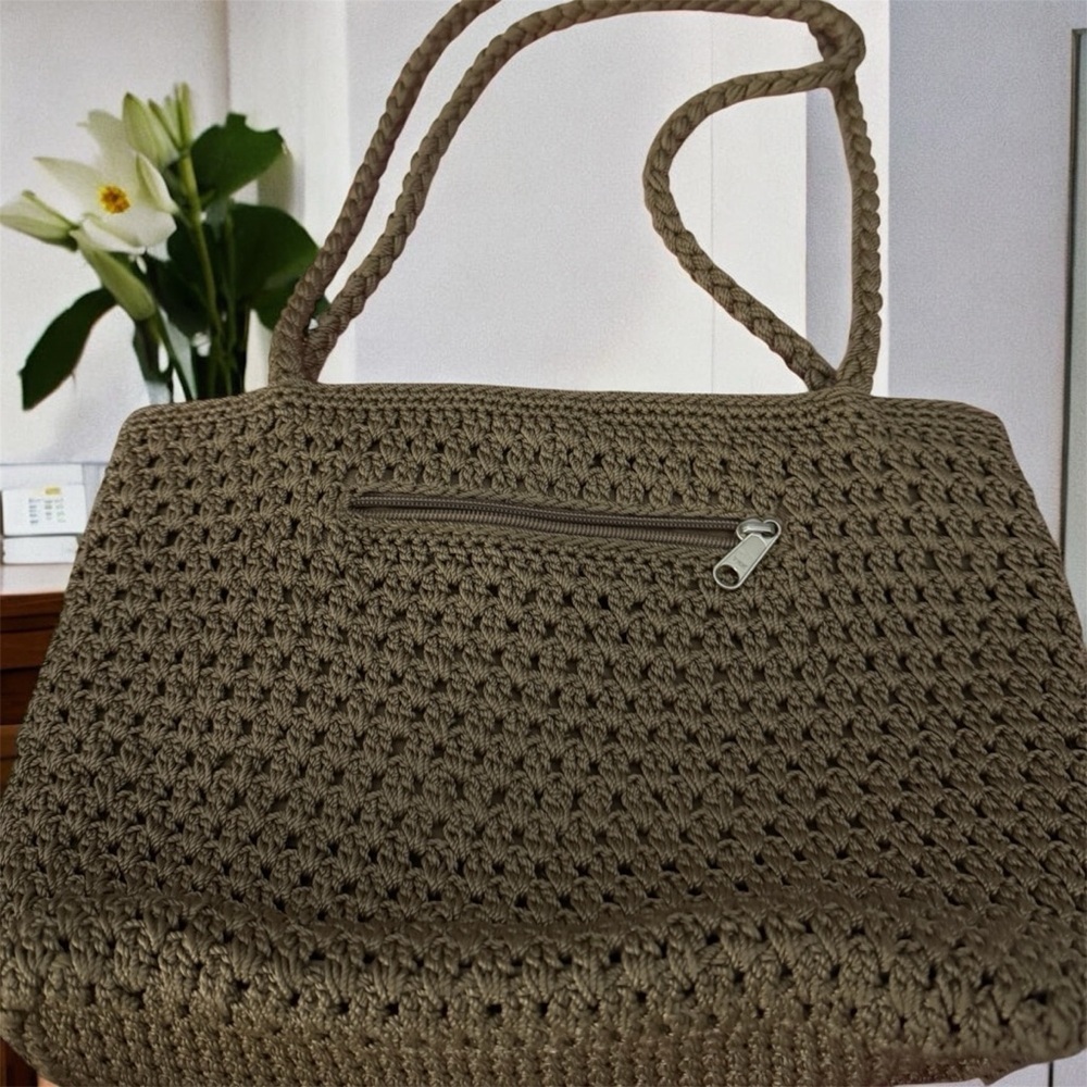 Lina Taupe Crochet Shoulder Bag Woven Boho Handbag Neutral Tote